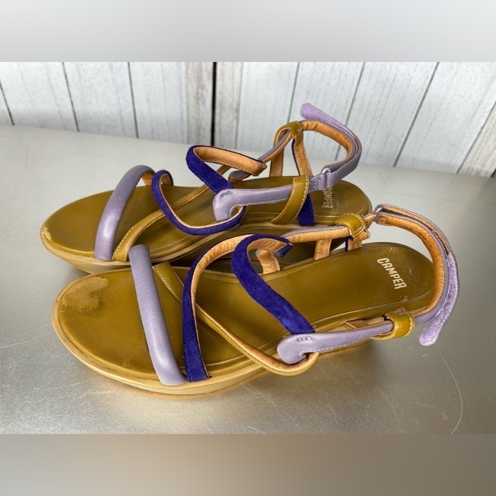 CAMPER Strappy Platform Wedge Sandal Leather Size 39 / 8 Damas Purple Tan